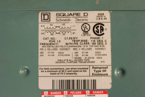 1.5 KVA 240x480 Primary, 120/240 Secondary, Square D, C1.5S1FY 3R transformer, 1 phase, 1 yr warranty - Image 4