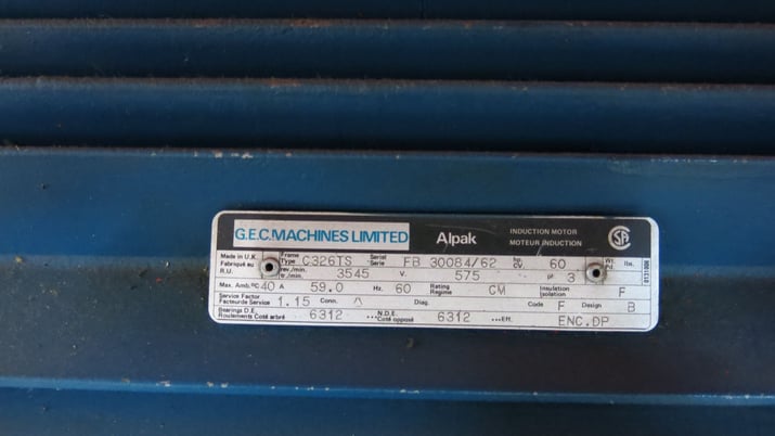60 HP 3545 RPM GEC, Frame C326TS, induction motor mounted on frame, 575 Volts - Image 9