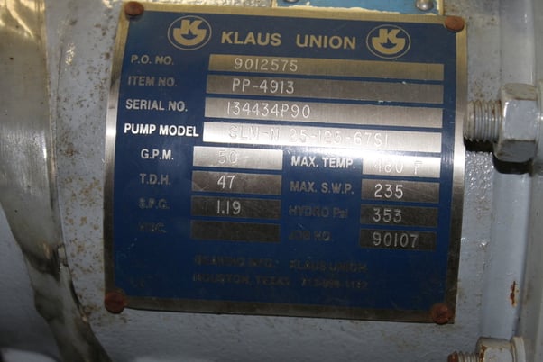 50 GPM @ 47 TDH, Klaus Union #SLM-N 25-125-67S1, Sealless Magnetive Drive Pump, 1" x 1-1/2", 1.19 SPG, 3 HP - Image 6