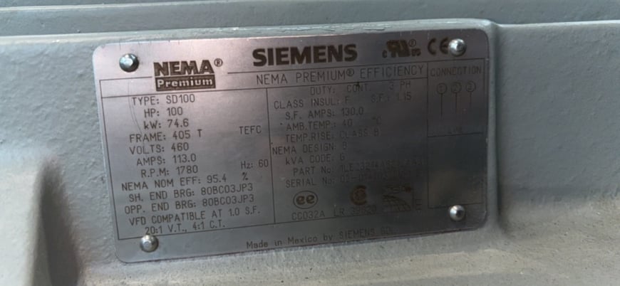 100 HP 1780 RPM Siemens, Frame 405T, TEFC, 460 Volts - Image 1