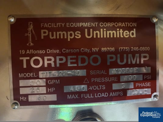 2" Pumps Unlimited #T17-22-25, Torpedo Pump, Stainless Steel, 80 gpm at 400 psi, driven by 25 hp, 460 volt - Image 2