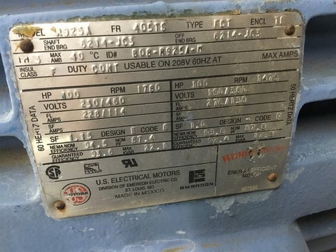 100 HP 1800 RPM U.S. Motors, Frame 405TS, 4P, electrically OK, 230/460 Volts - Image 8