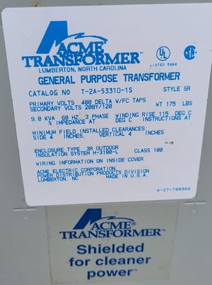 9 KVA 480 Primary, 208Y/120 Secondary, Acme #T-2A-53310-1S, General Purpose Transformer - Image 3