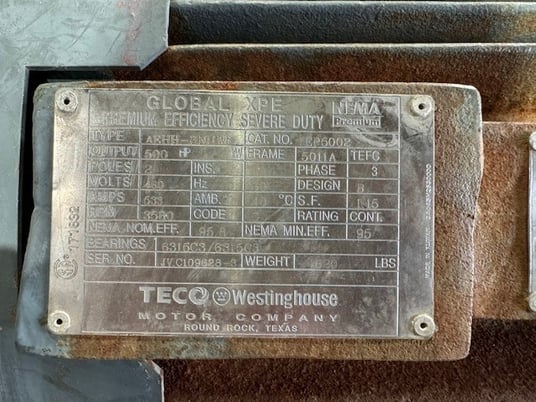 500 HP 3580 RPM Teco Westinghouse, Frame 5011A, TEFC, BB, 460 Volts - Image 2