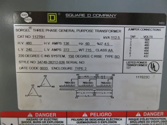 112.5 KVA 480 Primary, 240 Secondary, Square D transformer, class AA, 1 yr warranty - Image 6