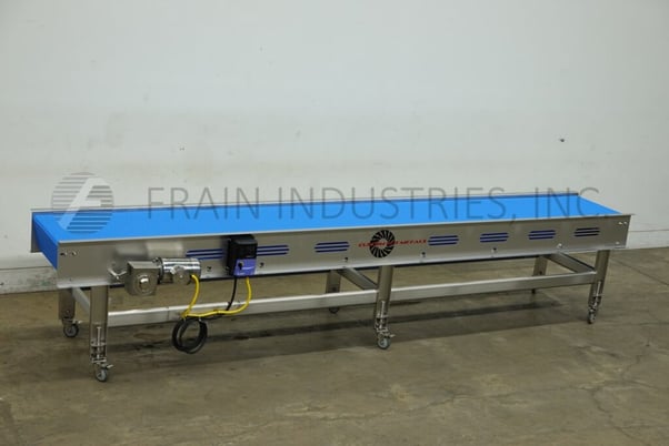 24" wide x 15' long, Custom Cut Metals, Stainless Steel frame conveyor, table top, 34"-38" infeed / discharge - Image 1
