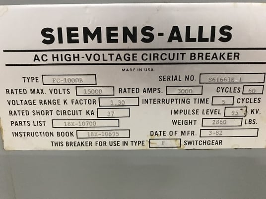 3000 Amps, Siemens-Allis, FC-1000B-3000A, 15 KV, electric operation, draw out, 125 VDC - Image 2