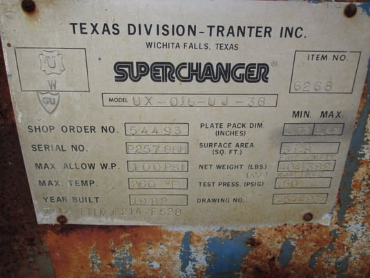 31 sq.ft., Superchanger #UX016-UJ-36, plate heat exchanger, 100 psi, 36 plates, 260°F, 1982 - Image 9