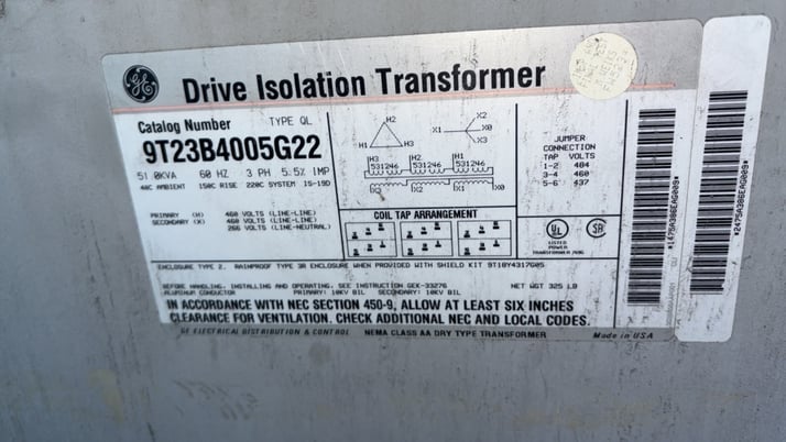 51 KVA 460 Primary, 460/266 Secondary, General Electric, w/taps, Enclosure 2 - Image 2