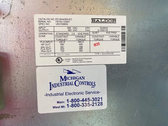 300/350 HP Baldor, VE0709B00, VFD drives, 460 VAC input, 0-1000 Hertz (2 available) - Image 3