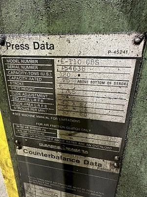 120 Ton, Niagara #E-110, OBS press, 6" stroke, 17.5" Shut Height, motorized adjustment, 30-60 SPM - Image 3