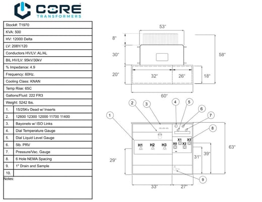 500 KVA 12000 Delta Primary, 208Y/120 Secondary, Core Transformer Pad, New (immediate shipment available) - Image 1