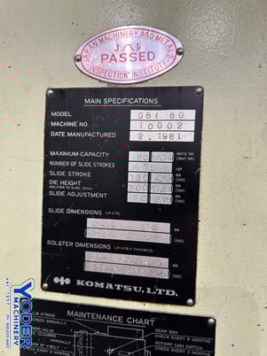 60 Ton, Komatsu #OBS60, OBI press, 4.72" stroke, 11.81" Shut Height, 2.76" power adjustment, 70 SPM, 1984 - Image 3