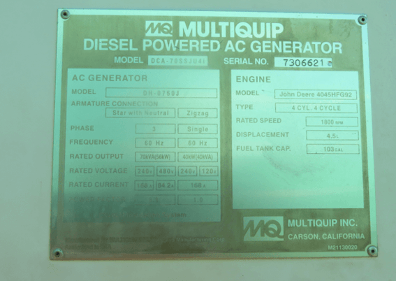 62 KW Multiquip #DCA70SSJU4i, trailer mounted, 120/240/208/277/480 Volts, 12024 hours, 2015, $24.5k - Image 7