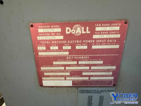 20" x 13" DoAll #2013-V, vertical band saw, 24" x24" table, 154" x1" blade, 3 HP, work light, 1985 - Image 8