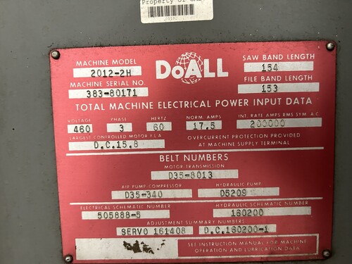 20" DoAll #2012-2H, vertical band saw, 154" blade, #16645 - Image 8