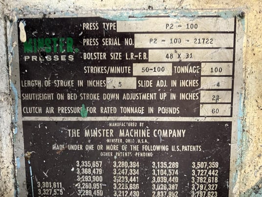 100 Ton, Minster Piecemaker #P2-100-48, high speed press, 5" stroke, 22" Shut Height, 50-100 SPM, 48" x 31" - Image 4