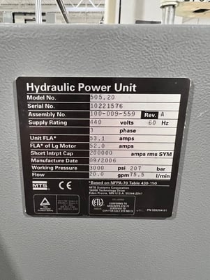 40 HP MTS #505.20, Hydraulic Power Supply, 3000 psi, 20 GPM, 440/460 V., 2006 - Image 2