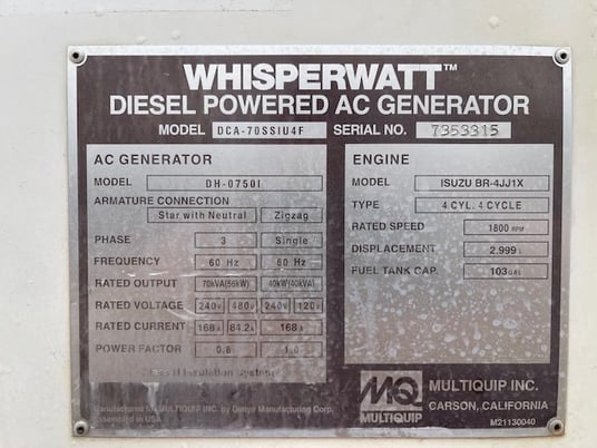 62 KW Multiquip #DCA70SSIU4F, trailer mounted, Tier 4F, 120/240/208/277/480 Volts, 13798 hours, 2015, on - Image 7