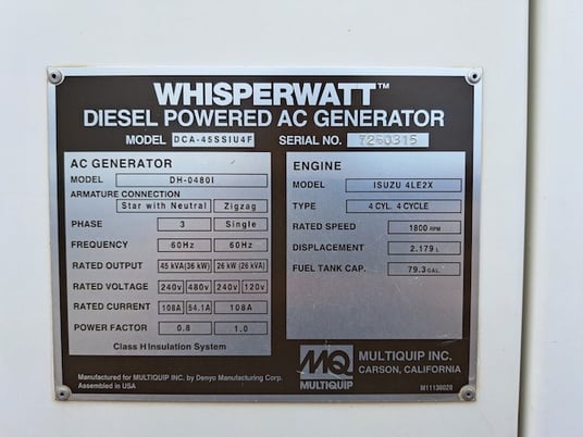 40 KW Multiquip #DCA45SSIU4F, trailer mounted, Tier 3, 120/240/208/277/480 Volts, 11116 hours, 2014, $25k - Image 8