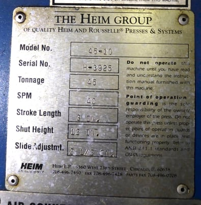 45 Ton, Heim #45-10, mechanical press brake, 14" x126" flanged bed, 3" stroke, 12" Shut Height, air clutch - Image 9