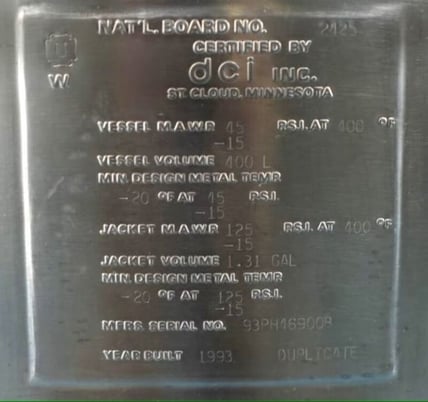 100 gallon DCI, sanitary Stainless Steel jacketed reactor w/ mixer, 125 psi @ 400&deg;F - Image 3