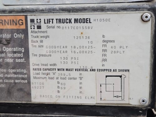 87106 lb. Hyster #H1050E, forklift container handler - container clamp, 32.6" lift height - Image 4