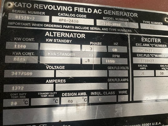 1140 KW, 1800 RPM, Kato, 347/600 Volts - Image 2