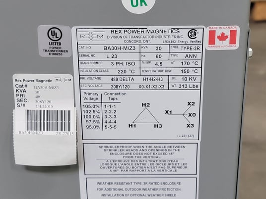 30 KVA 480 Primary, 208Y/120 Secondary, Rex Power Magnetics, isolation transformer, dry, new - Image 2