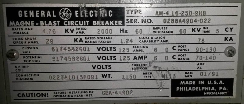 2000 Amp, General Electric, AM4.16-250-9HB, 4160 V, electrically operated, drawout, 125 VDC CL & TR - Image 1