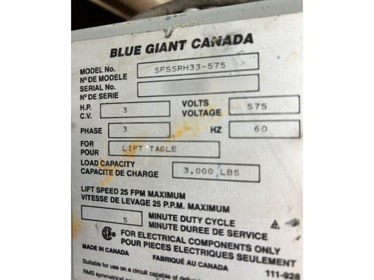 3000 lb. Blue Giant #SFSS-RH33-575, scissor lift, 34" x 108" platform w/ idle roller - Image 3