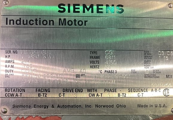 2250 HP 1800 RPM Siemens, Frame 6811, WPIISB, 4160 Volts (2 available) - Image 3