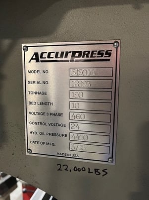 190 Ton, Accurpress #519010, press brake, 4-Axis, Beckhoff CX5020 Control, 10' overall, 2018 - Image 2