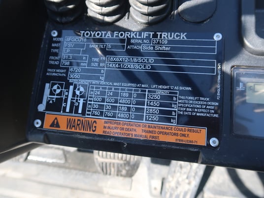 3500 lb. Toyota #8FGCU18, Forklift, 189" lift height, 3 Mast Stages, propane fuel, cushion tire, 2017 - Image 2