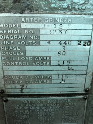 Arter #D-12, 13" magnetic chuck, vari-speed, tilt table, 16" wheel, 7-1/2 HP, motor driven coolant, excellent - Image 3