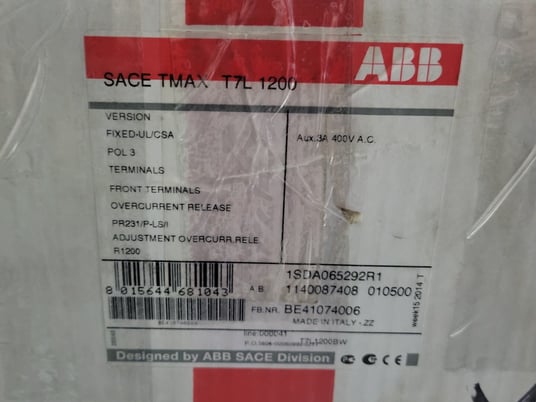 1200 Amps, ABB, SACE TMAX 77L-1200, 3-pole circuit breaker, 1SDA065292R1, 600 Volts, new surplus - Image 2