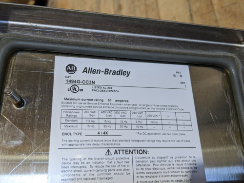 60 Amp. Allen-Bradley #1494G-CC3N, non-fusable disconnect switch, 4/4X Weatherproof, 600 Volts, 50 HP - Image 7
