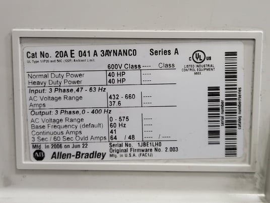 40 HP Allen-Bradley, 20AE041A3AYNANC0, PowerFlex 70 Adjustable Frequency AC Drive, 600 Volts - Image 2