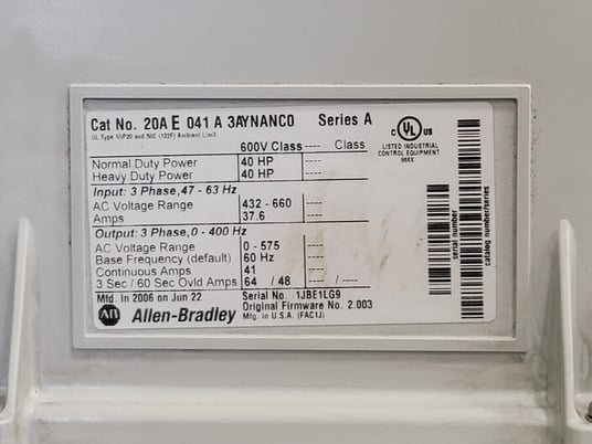 40 HP Allen-Bradley, 20AE041A3AYNANC0, PowerFlex 70 Adjustable Frequency AC Drive, S/N 1JBE1LG9 - Image 2