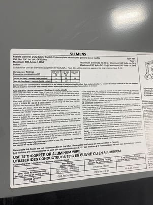 400 Amp. Siemens, GF325NA, Safety Disconnect Switch, 3 Pole, 240 V, 3 phase, 125 HP, FRN-R-400 fuses - Image 2