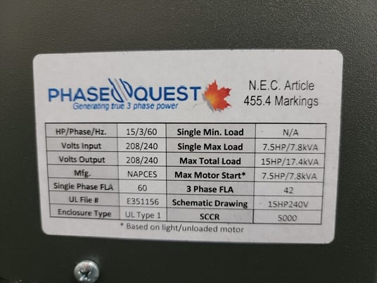 75 HP Phase Quest #OMPQ-75, Induction Load Rotary Converter, 208-250 V, General Purpose - Image 2