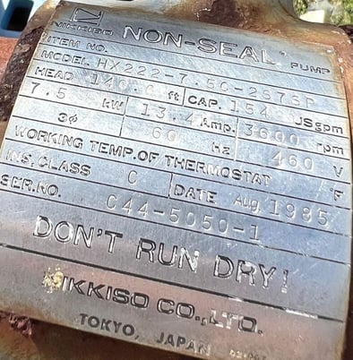 154 GPM @ 140' TDH, Nikkiso #HX222-7.5--2S7SP, Stainless Steel centrifugal canned motor pump, 460 V. - Image 5
