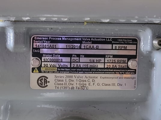 Emerson #1CAA-B, Electric Actuator, w/1.5" Control Valve, 8 RPM, 1/4 HP, 90 VDC, S/N 141881A01, 2014 - Image 3