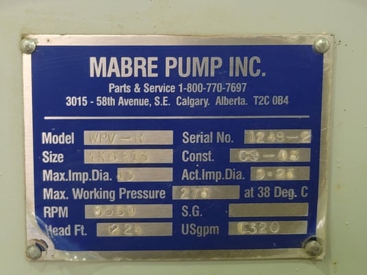 320 GPM @224' TDH, Mabre Pump #WPV-R, Vertical Centrifugal Process Pump, 3560 RPM, 275 psi, 4x6x13 - Image 2