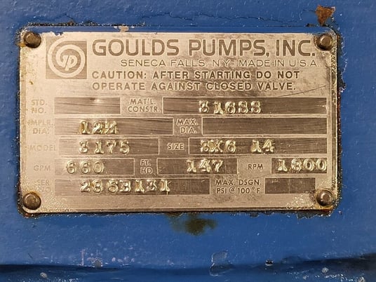 660 GPM @ 147' TDH, Goulds #3175S, Paper Stock/ Process Pump, 40 HP, 1180 RPM, 575 V, 3x6-14 size - Image 2