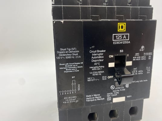 125 Amps, Square D, EDB34125SA, Bolt-On Circuit Breaker, 480 Volts 3P 3PH EDB Shunt Trip 120V - Image 3