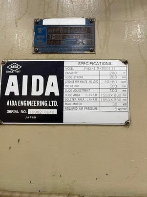 200 Ton, Aida #PMX-L2-200(1), mechanical metal stamping press, 7.8" stroke, 28.6" Shut Height, 40-80 VSPM - Image 7