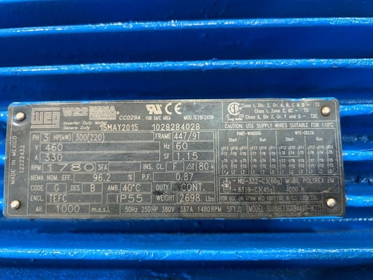 300 HP 1780 RPM Weg, Frame 447/9T, TEFC, 330A, 3 phase, 460 Volts - Image 5