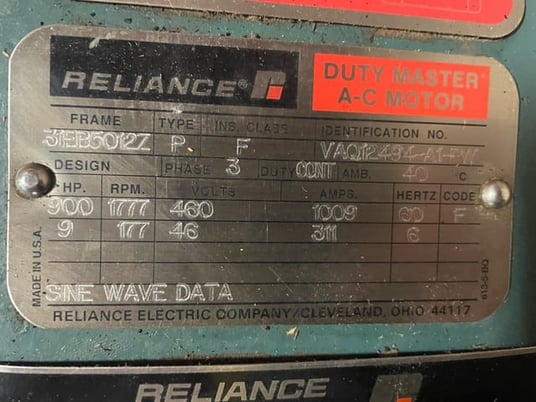 900 HP 1800 RPM Reliance, Frame 5012Z, Drip-Proof Ball Bearing, 460 Volts, New Surplus - Image 3