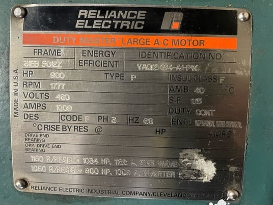 900 HP 1800 RPM Reliance, Frame 5012Z, Drip-Proof Ball Bearing, 460 Volts, New Surplus - Image 4